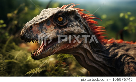 Velociraptor portrait closeup, standing in the woods. Hunting angry dinosaur with a growl and sharp teeth. Concept of a mad ancient scary reptile. furious dinosaur. Ai generated. 106976745