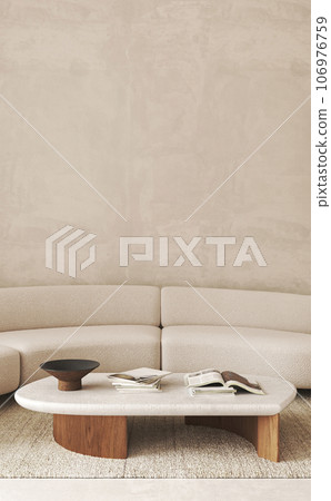Boho beige livingroom with round sofa, vase and decor - books background. Light modern japanese nature view. 3d rendering. High quality 3d illustration Boho beige livingroom with round sofa, vase and decor - books background. Light modern japanese nature view. 3d rendering. High quality 3d illustration 106976759