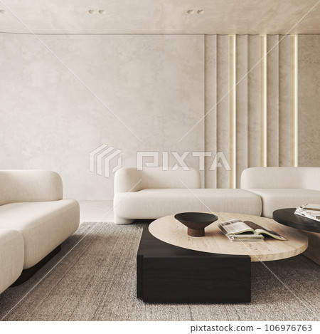 Boho beige livingroom with panels illuminated and decor - carpet background. Light modern japanese nature view. 3d rendering. High quality 3d illustration Boho beige livingroom with panels illuminated and decor - carpet background. Light modern japanese nature view. 3d rendering. High quality 3d illustration 106976763