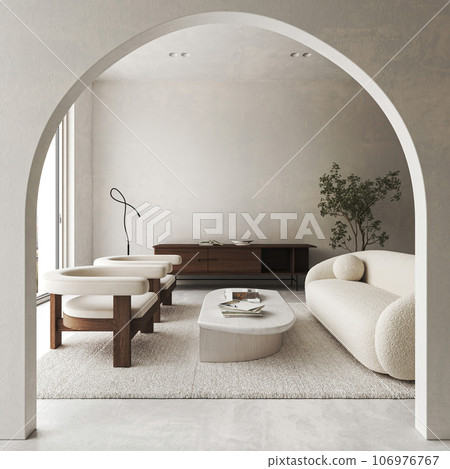 Boho beige livingroom with green plant and chair background. Light modern japanese nature interior. 3d rendering. High quality 3d illustration Boho beige livingroom with green plant and chair background. Light modern japanese nature interior. 3d rendering. High quality 3d illustration 106976767
