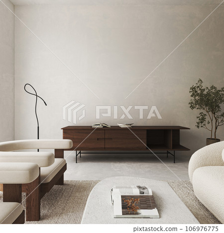 Boho beige livingroom with green plant background. Light modern japanese nature interior. 3d rendering. High quality 3d illustration 106976775