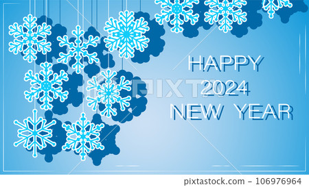Winter blue background with snowflake toys and effect of frost cold ice. Festive horizontal backdrop for winter Happy 2024 new year party. Snowflakes of frosted winter weather and festive mood. Vector Winter blue background with snowflake toys and effect of frost cold ice. Festive horizontal backdrop for winter Happy 2024 new year party. Snowflakes of frosted winter weather and festive mood. Vector 106976964