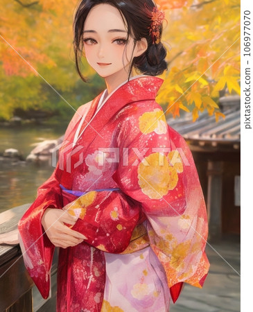 Kyoto autumn leaves illustration of a woman wearing a kimono Kyoto autumn leaves illustration of a woman wearing a kimono 106977070