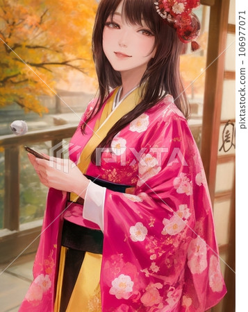 京都秋葉穿著和服的女人的插圖 京都秋葉穿著和服的女人的插圖 106977071