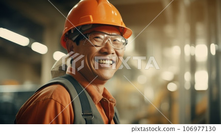 A happy elderly construction man standing on a construction site. Portrait of an Asian male builder in an unfinished building. Guy wearing a protective hard hat in a constructing apartment building 106977130