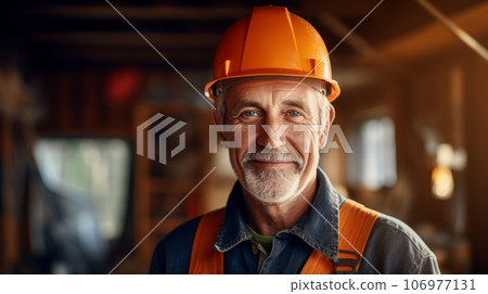 A happy elderly construction man standing on a construction site. Portrait of a caucasian male builder in an unfinished building. Guy wearing a protective hard hat in a constructing apartment building 106977131