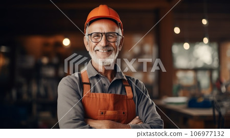 A happy elderly construction man standing on a construction site. Portrait of a caucasian male builder in an unfinished building. Guy wearing a protective hard hat in a constructing apartment building 106977132