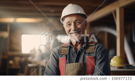 A happy elderly construction man standing on a construction site. Portrait of a caucasian male builder in an unfinished building. Guy wearing a protective hard hat in a constructing apartment building 106977133