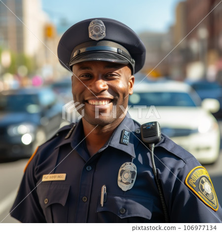 Portrait of a smiling African policeman standing on the street. A happy male police officer patrolling the street on a bright summer day. Young African Man in a police uniform outdoors. 106977134
