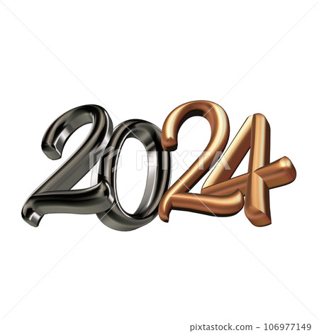 Beautiful three-dimensional metal plastic glossy luminous inscription 2024. New Year celebration. Template for New Year banner, greeting card. Isolated object Beautiful three-dimensional metal plastic glossy luminous inscription 2024. New Year celebration. Template for New Year banner, greeting card. Isolated object 106977149