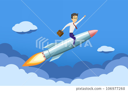 Businessman in a suit is flying on a rocket Businessman in a suit is flying on a rocket 106977268