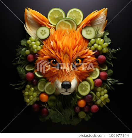 Image of fox face made with vegetables and fruits on clean background. Wildlife Animals. Illustration, Generative AI. 106977344
