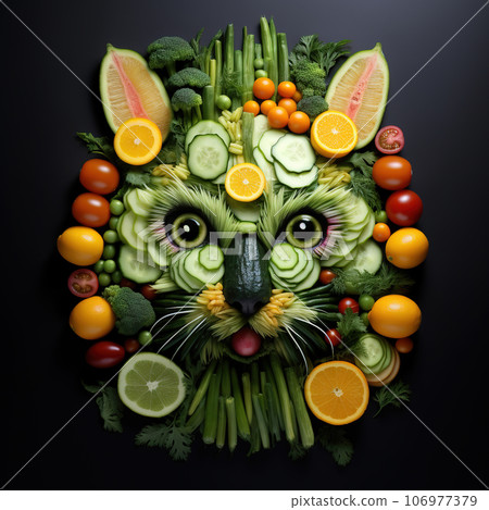Image of cat face made with vegetables and fruits on clean background. pet. Animals. Illustration, Generative AI. 106977379