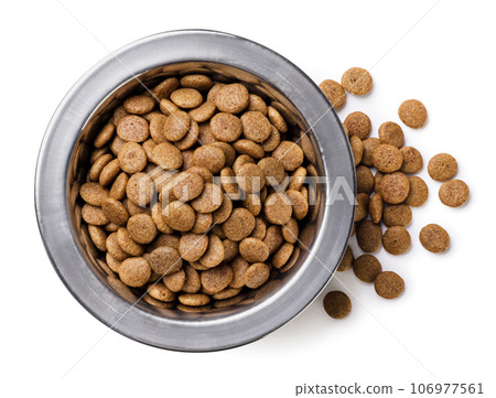 Cat food in a bowl and spilled on a white background. Top view Cat food in a bowl and spilled on a white background. Top view 106977561