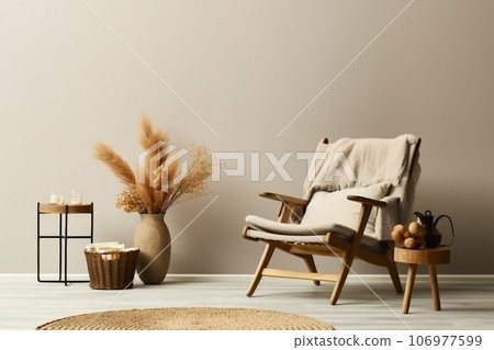 Neutral concept of living room interior with design wooden armchair, round carpet, dried flowers in vase, slippers, decoration and elegant personal accessories. 106977599