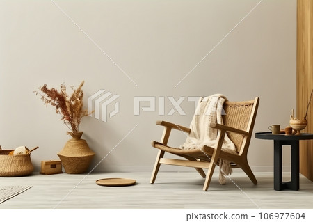 Neutral concept of living room interior with design wooden armchair, round carpet, dried flowers in vase, slippers, decoration and elegant personal accessories. Neutral concept of living room interior with design wooden armchair, round carpet, dried flowers in vase, slippers, decoration and elegant personal accessories. 106977604