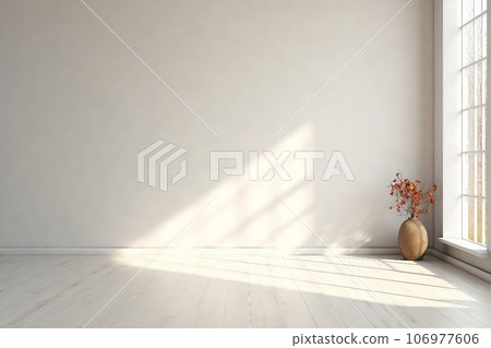 Neutral concept of living room interior with design wooden armchair, round carpet, dried flowers in vase, slippers, decoration and elegant personal accessories. Neutral concept of living room interior with design wooden armchair, round carpet, dried flowers in vase, slippers, decoration and elegant personal accessories. 106977606