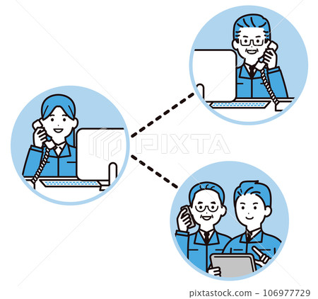 A business person wearing work clothes communicating by phone between the field and the office A business person wearing work clothes communicating by phone between the field and the office 106977729