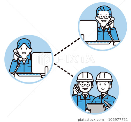 A business person wearing work clothes and a helmet who makes phone calls between the field and the office. A business person wearing work clothes and a helmet who makes phone calls between the field and the office. 106977731