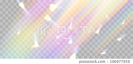 Blurred rainbow refraction overlay effect. Light lens prism effect on transparent background. Holographic reflection, crystal flare leak shadow overlay. Vector abstract illustration 106977858