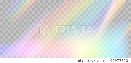 Blurred rainbow refraction overlay effect. Light lens prism effect on transparent background. Holographic reflection, crystal flare leak shadow overlay. Vector abstract illustration 106977860