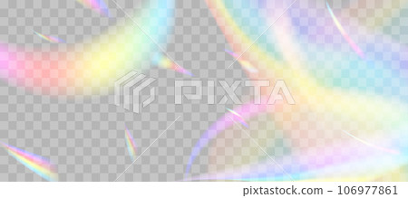Blurred rainbow refraction overlay effect. Light lens prism effect on transparent background. Holographic reflection, crystal flare leak shadow overlay. Vector abstract illustration 106977861
