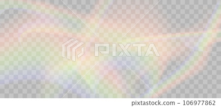 Blurred rainbow refraction overlay effect. Light lens prism effect on transparent background. Holographic reflection, crystal flare leak shadow overlay. Vector abstract illustration 106977862