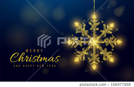 Hanging wireframe gold snowflake in low poly style. Christmas and New Year concept. Abstract modern vector illustration on bokeh background 106977898