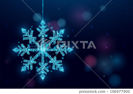Wireframe snowflake on bokeh background, low poly style. Merry Christmas and New Year banner. Abstract modern vector illustration 106977900