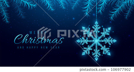 Wireframe snowflake and Christmas tree branches, low poly style. New Year banner. Abstract modern vector illustration on blue background 106977902