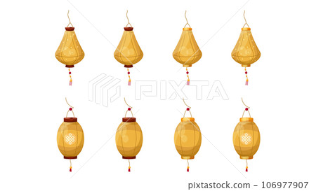 Set of yellow Chinese lanterns of different shapes 106977907