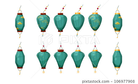 Turquoise Chinese lanterns of different shapes set 106977908