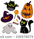 Hand drawing halloween vector cartoon set with cute illustration of bat, cat, hat, ghost. 106978079