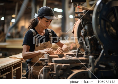 Portrait of a female worker in a factory.  Industrial background. Young Caucasian woman employee working behind a machine in a workshop. Girl working in a manufacturing workshop, on an assembly line. 106978318