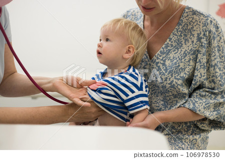 Infant baby boy child being examined by his pediatrician doctor during a standard medical checkup in presence and comfort of his mother. National public health and childs care care koncept Infant baby boy child being examined by his pediatrician doctor during a standard medical checkup in presence and comfort of his mother. National public health and childs care care koncept 106978530