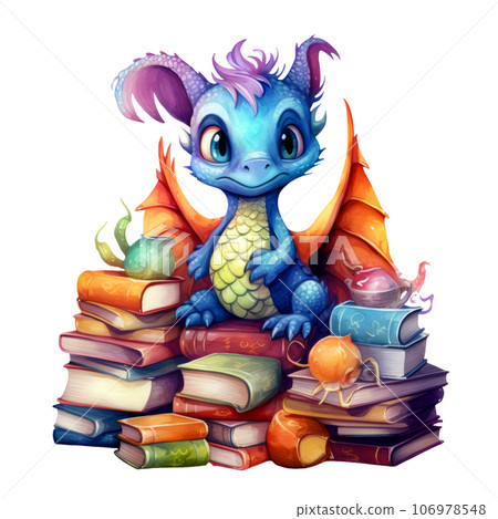 Cute dragon protecting stacks of book clipart isolated on Transparent Background 106978548