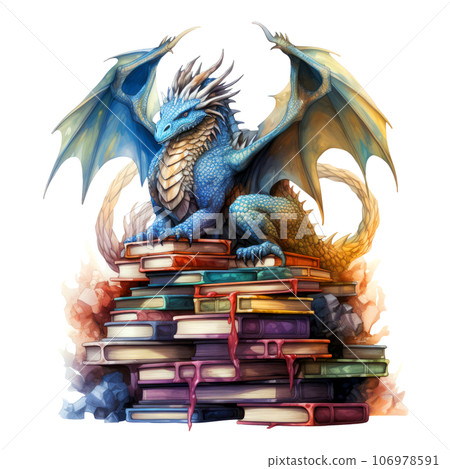 Watercolor Dragon Guarding Stack of books Clipart isolated on Transparent Background 106978591