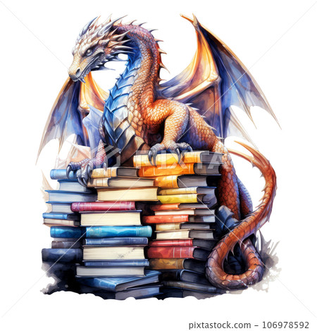Watercolor Dragon Guarding Stack of books Clipart isolated on Transparent Background 106978592