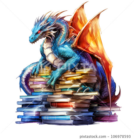 Watercolor Dragon Guarding Stack of books Clipart isolated on Transparent Background 106978593