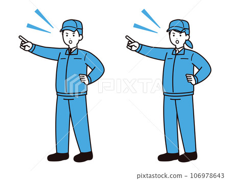 Men and women in work clothes pointing and checking, hats on 106978643