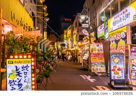 Tokyo cityscape in Japan, overlooking the bar district in front of Akabane Station 106978686