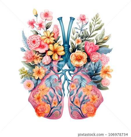 Watercolor Human Lungs Anatomy filled with flowers Pastel Color Clipart isolated on Transparent Background. Watercolor Human Lungs Anatomy filled with flowers Pastel Color Clipart isolated on Transparent Background. 106978734