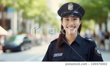 Portrait of a Beautiful smiling Asian policewoman standing on a street. Happy female police officer patrolling the city on a sunny summer day. Young asian woman in a police uniform outdoors. 106978802