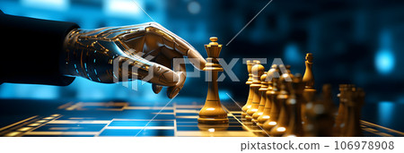 Ai Robot hand with set of chess pieces element stating on chessboard. Business with Artificial Intelligence. Leadership, teamwork, partnership, business strategy, and decision concept. Generative Ai. 106978908