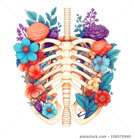 Watercolor Human Ribcage Anatomy filled with flowers Pastel Color Clipart isolated on Transparent Background. 106978940