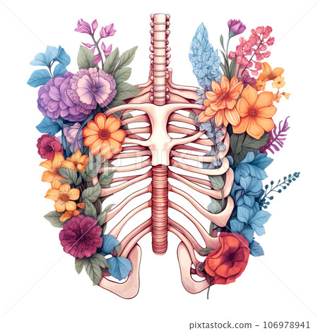 Watercolor Human Ribcage Anatomy filled with flowers Pastel Color Clipart isolated on Transparent Background. 106978941