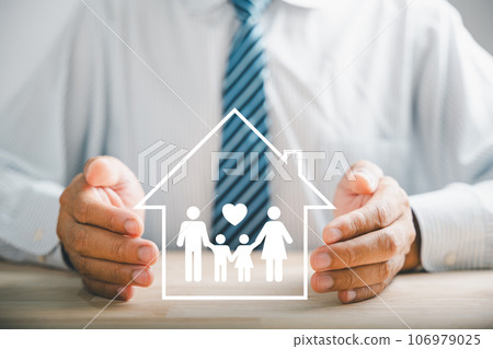 Embodying family support and insurance. Businessman protective gesture by young family silhouette. Icons for family, life, health, and house insurance. Illustrating insurance concept. 106979025