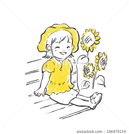 一個女孩坐在長凳上笑的插圖 106979154