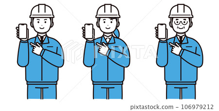 Men and women wearing work clothes and holding smartphones, young people, middle-aged people, helmets 106979212