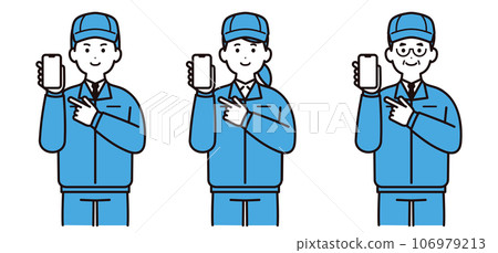 Men and women wearing work clothes and holding smartphones, young people, middle-aged people, hats 106979213